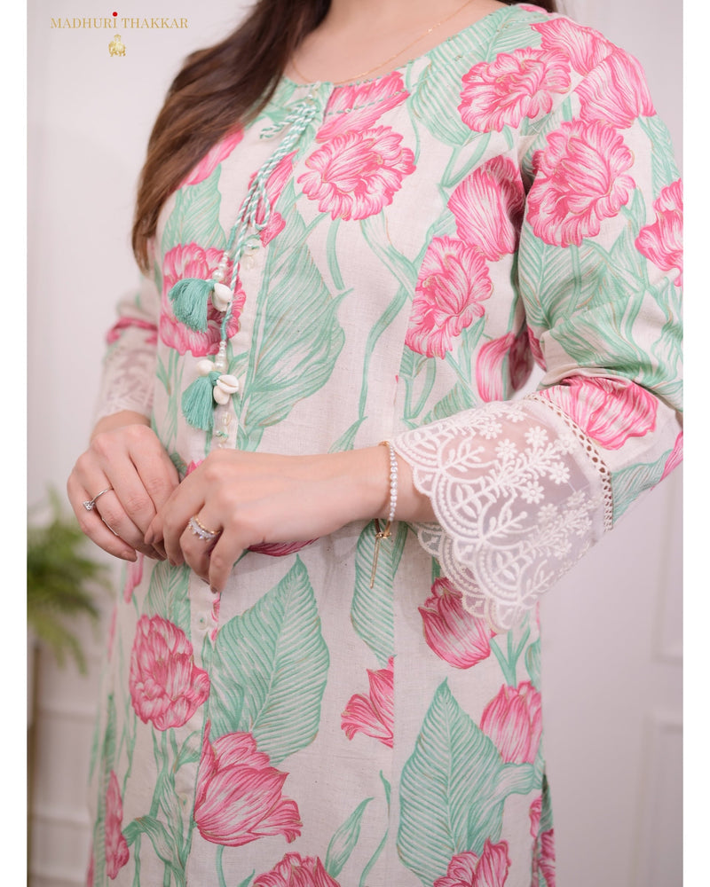Pink Green A Line Cotton Kurta Set