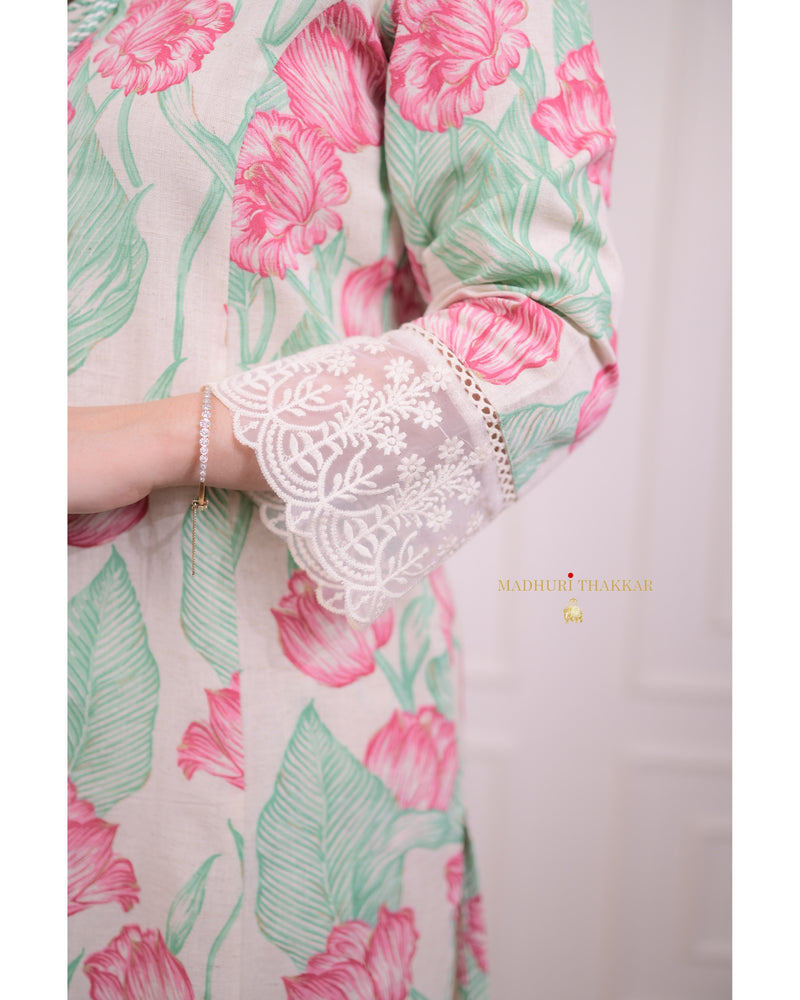 Pink Green A Line Cotton Kurta Set