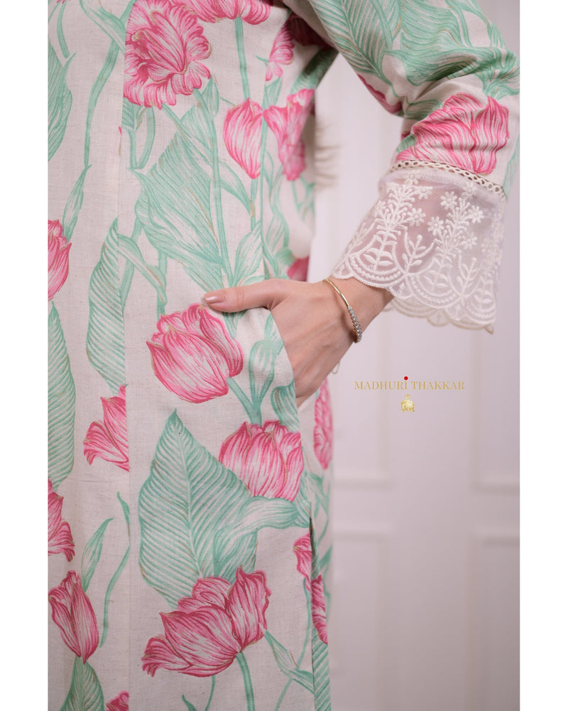 Pink Green A Line Cotton Kurta Set