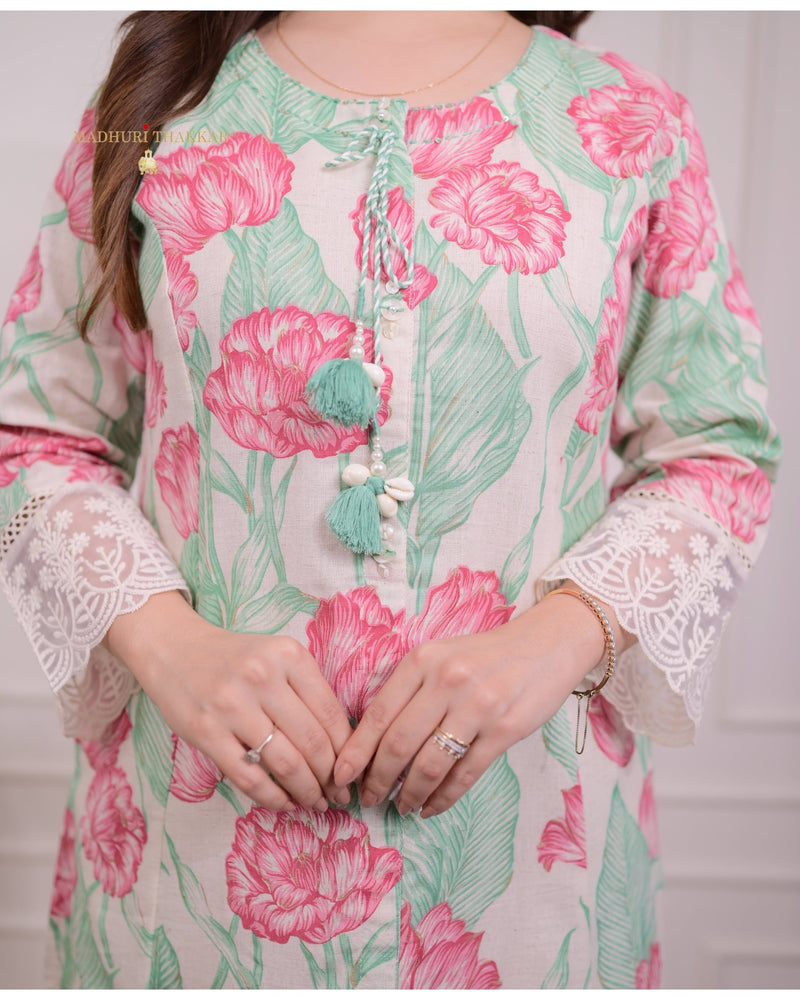Pink Green A Line Cotton Kurta Set