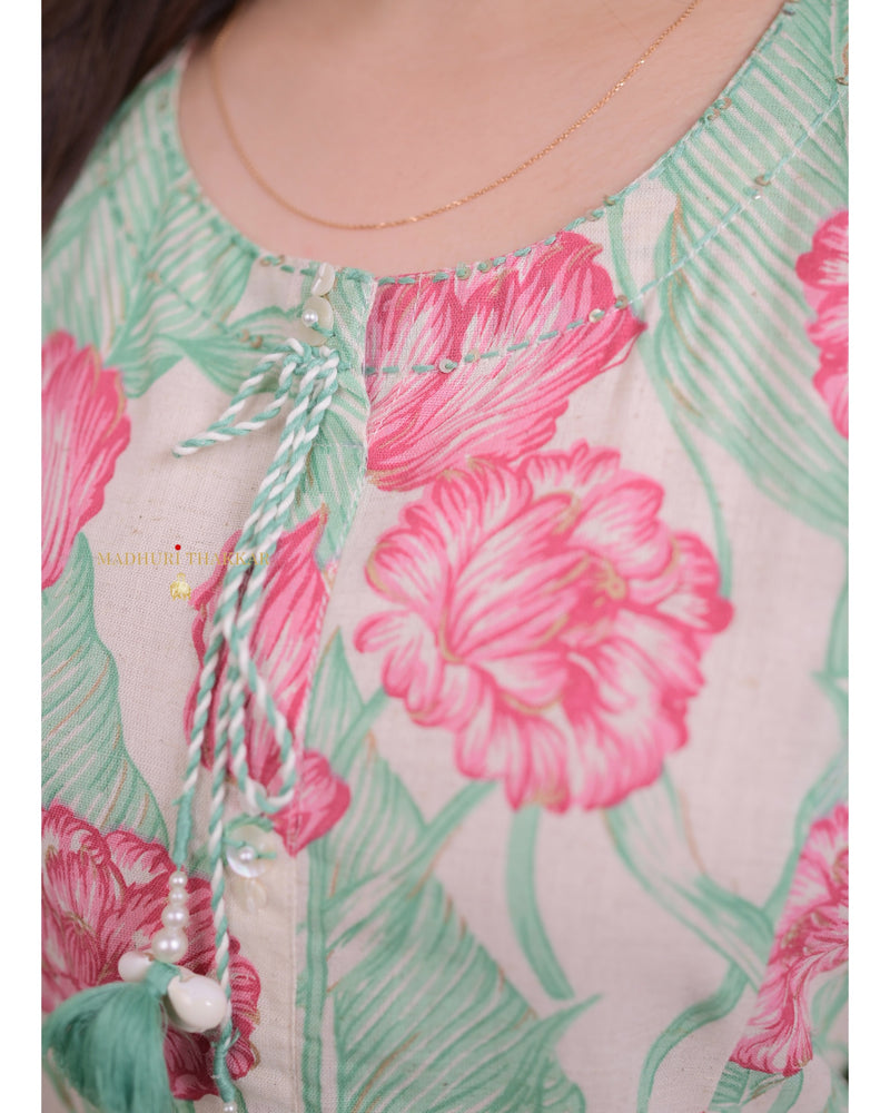 Pink Green A Line Cotton Kurta Set