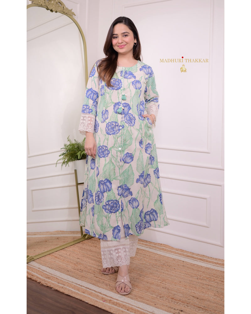 Blue Green A Line Cotton Kurta Set