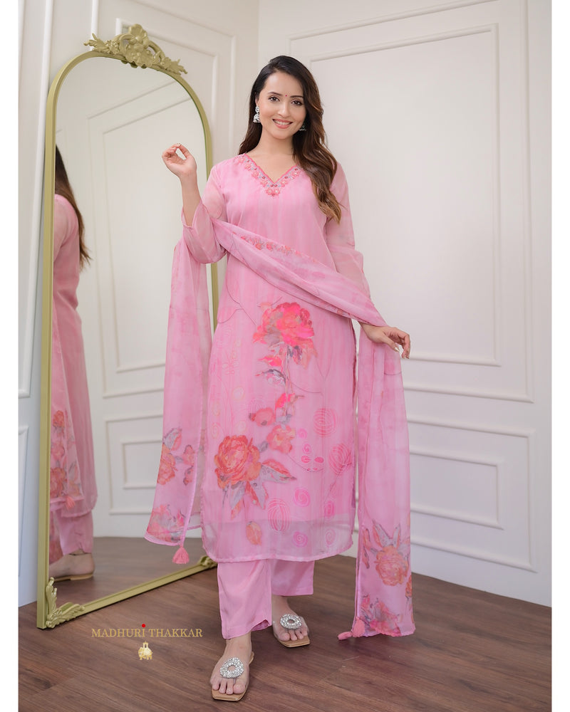 Baby Pink Muslin Handwork Suit