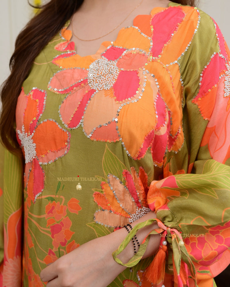 Olive Green Handwork Floral Co-ord Set