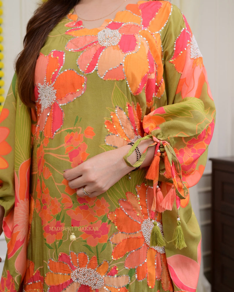 Olive Green Handwork Floral Co-ord Set