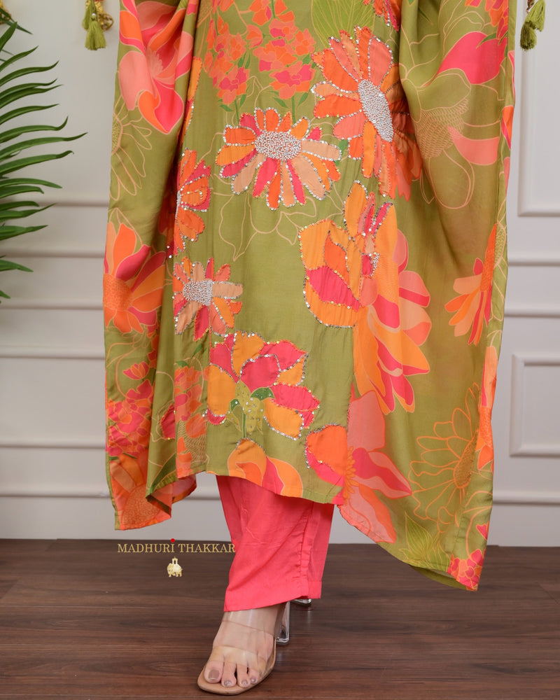 Olive Green Handwork Floral Co-ord Set