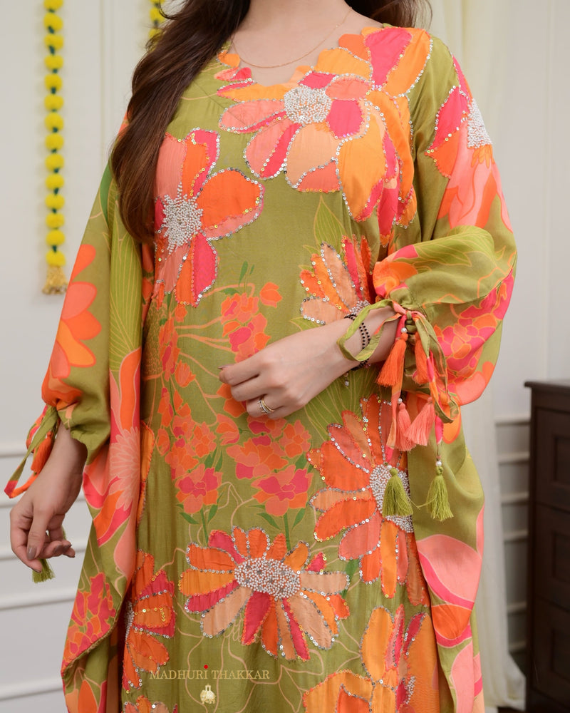 Olive Green Handwork Floral Co-ord Set