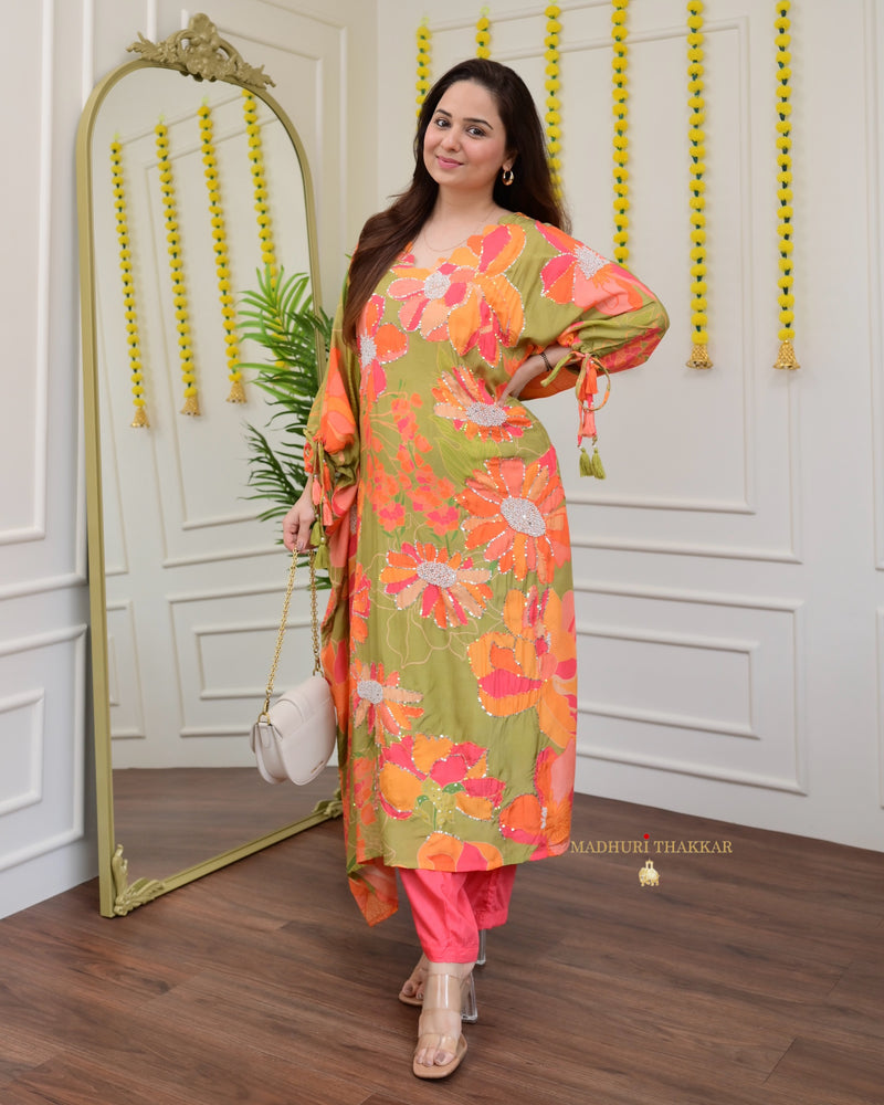 Olive Green Handwork Floral Co-ord Set