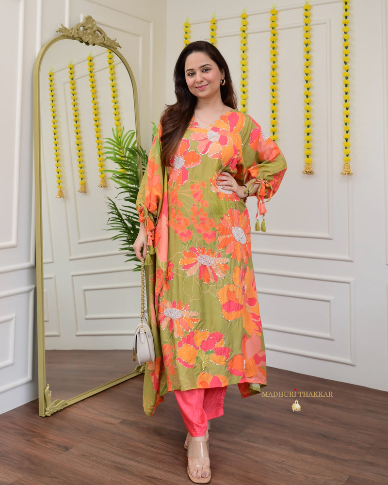 Olive Green Handwork Floral Co-ord Set