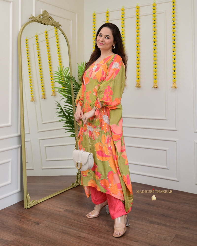 Olive Green Handwork Floral Co-ord Set