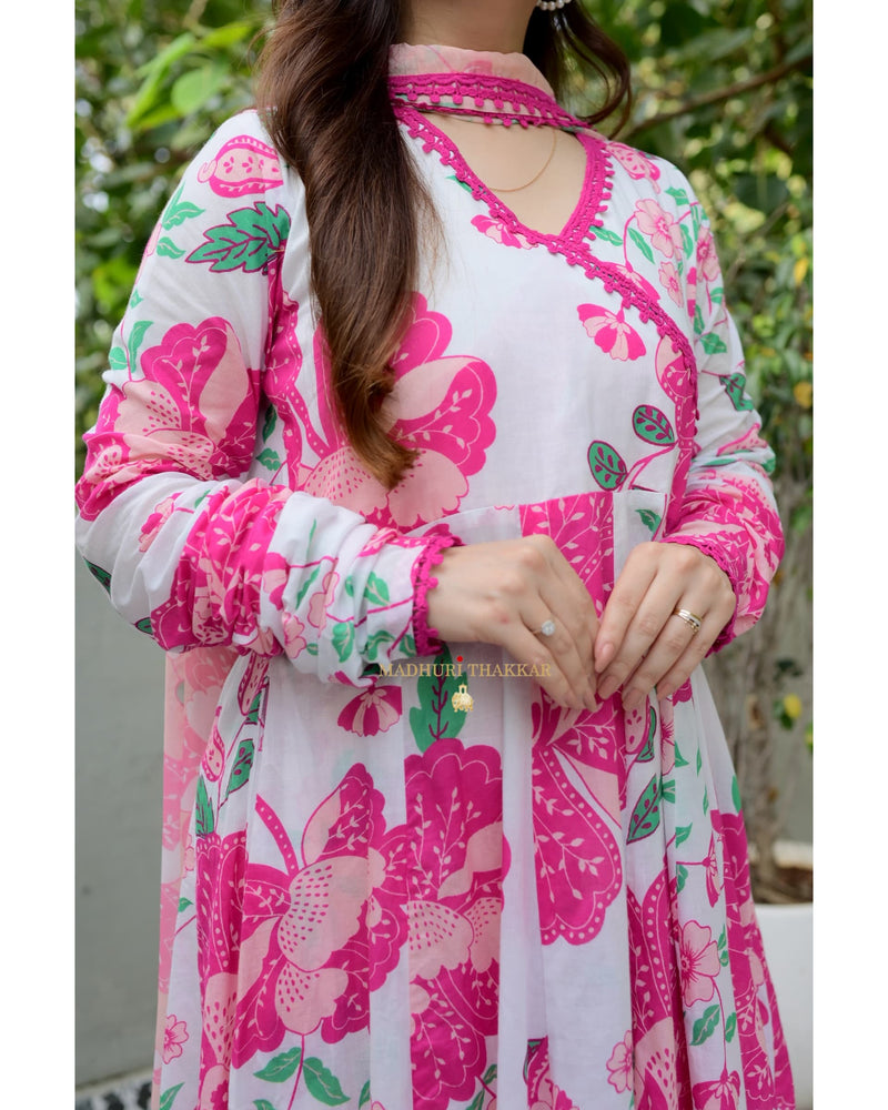 Ivory Pink Floral Premium Cotton A Line Suit