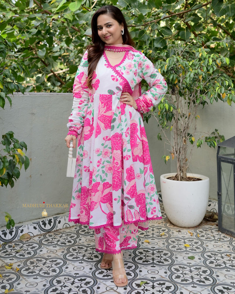 Ivory Pink Floral Premium Cotton A Line Suit