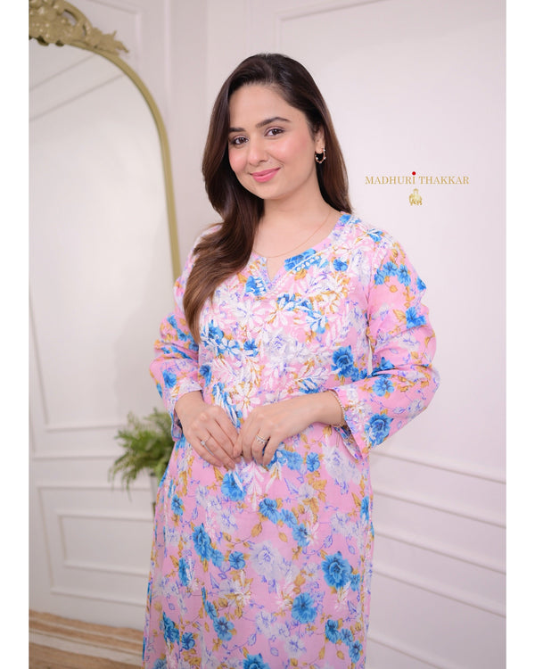 Pink Blue Floral Chikankari Kurti
