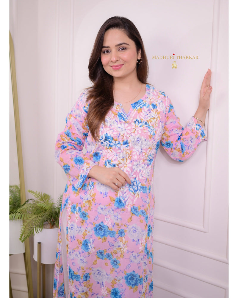 Pink Blue Floral Chikankari Kurti