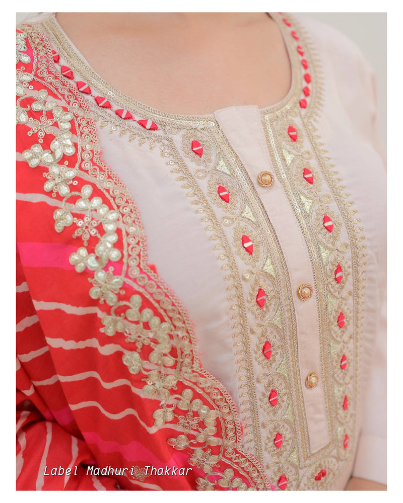 Ivory Red Muslin Leheriya Dupatta Suit