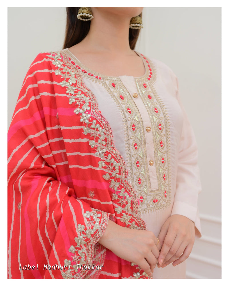 Ivory Red Muslin Leheriya Dupatta Suit