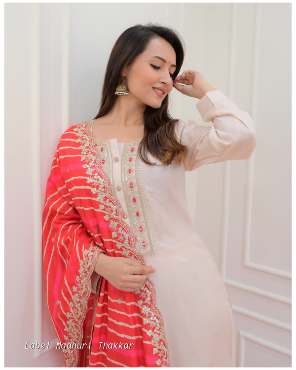 Ivory Red Muslin Leheriya Dupatta Suit