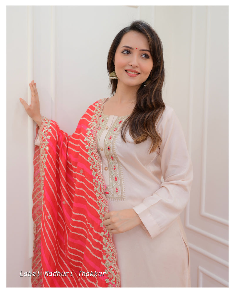 Ivory Red Muslin Leheriya Dupatta Suit
