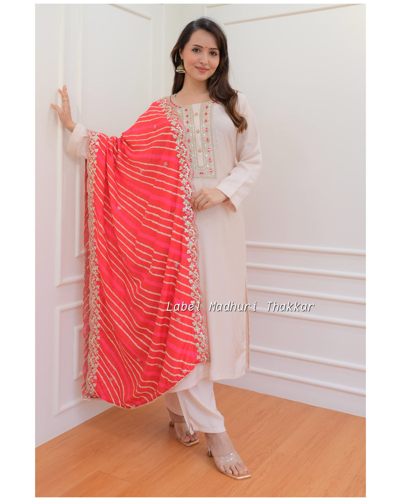 Ivory Red Muslin Leheriya Dupatta Suit