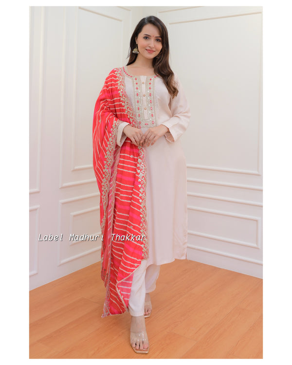 Ivory Red Muslin Leheriya Dupatta Suit
