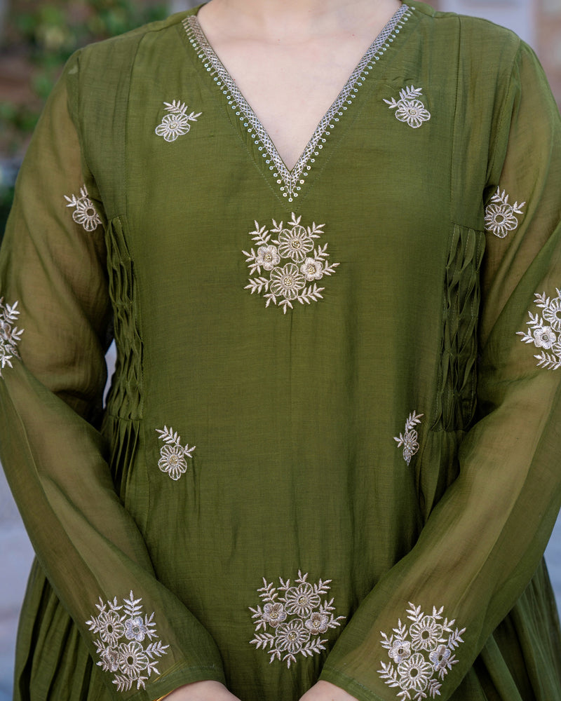 Bottle Green Mul Chanderi Threadwork Premium A Line Suit