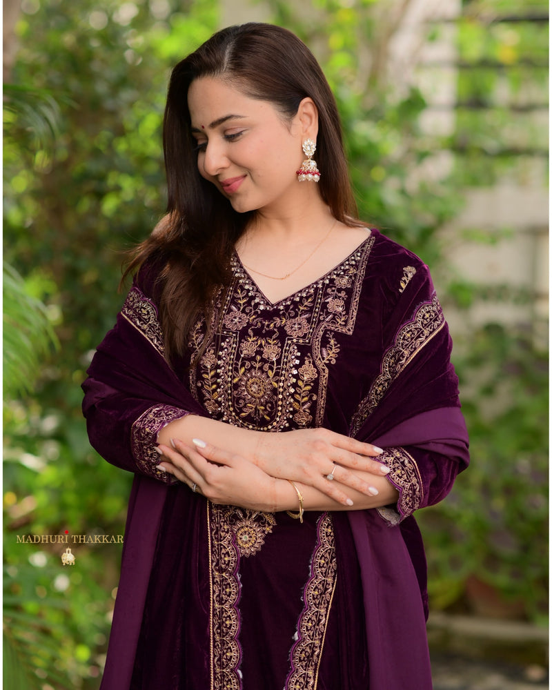 Magenta Handwork Premium Velvet Suit