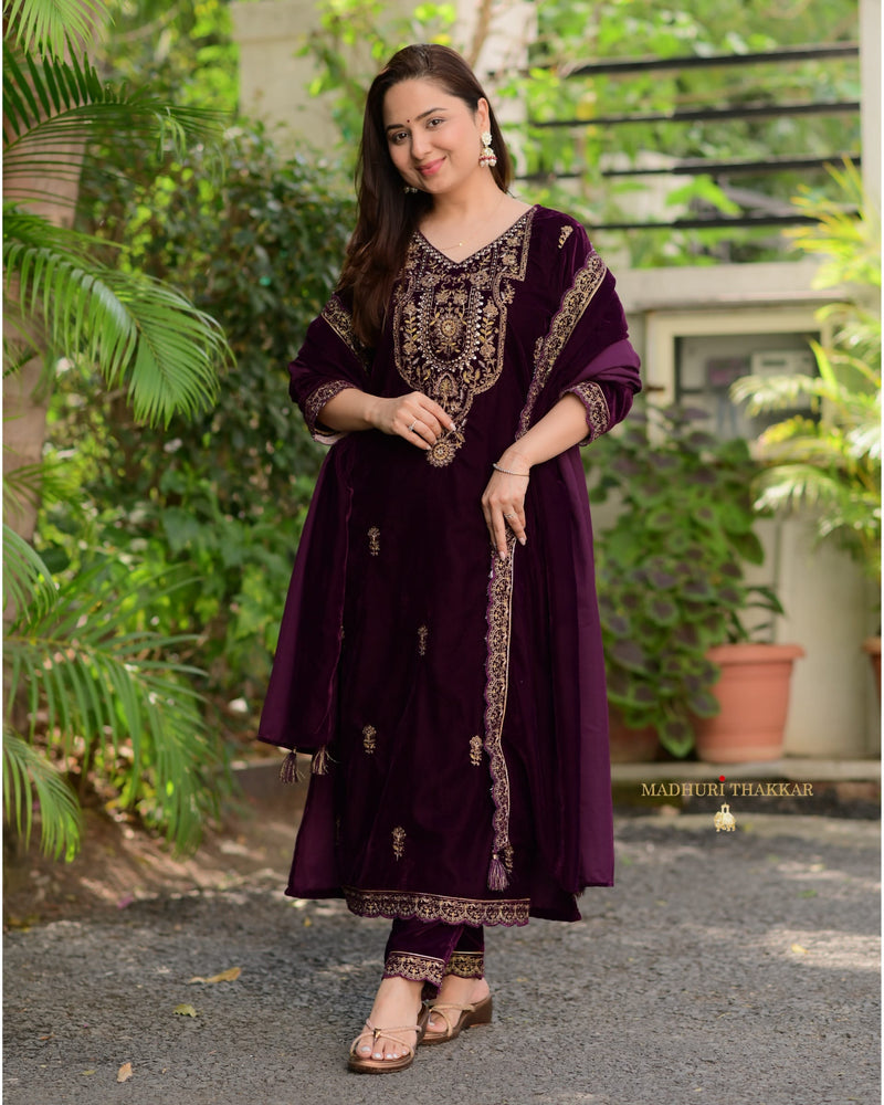 Magenta Handwork Premium Velvet Suit
