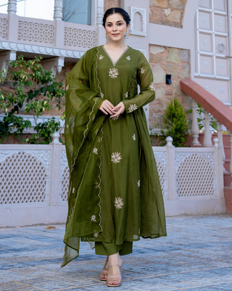 Bottle Green Mul Chanderi Threadwork Premium A Line Suit