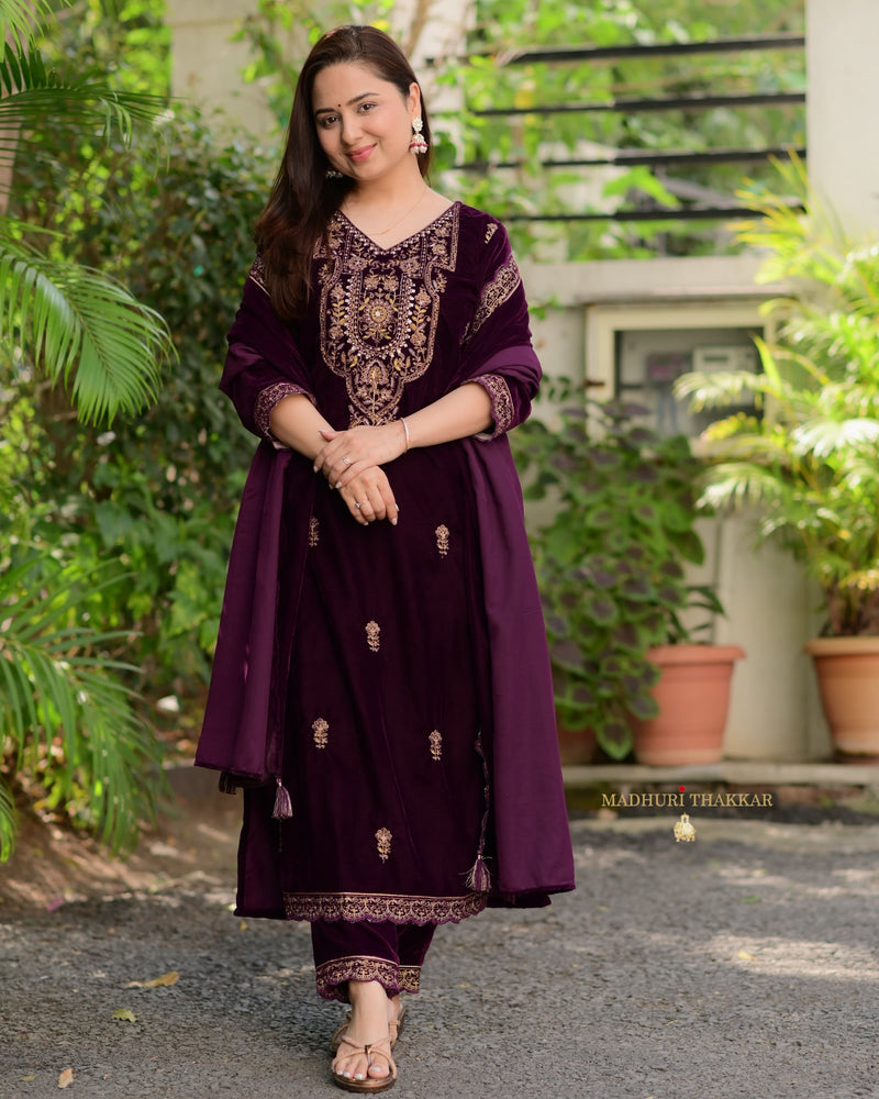 Magenta Handwork Premium Velvet Suit