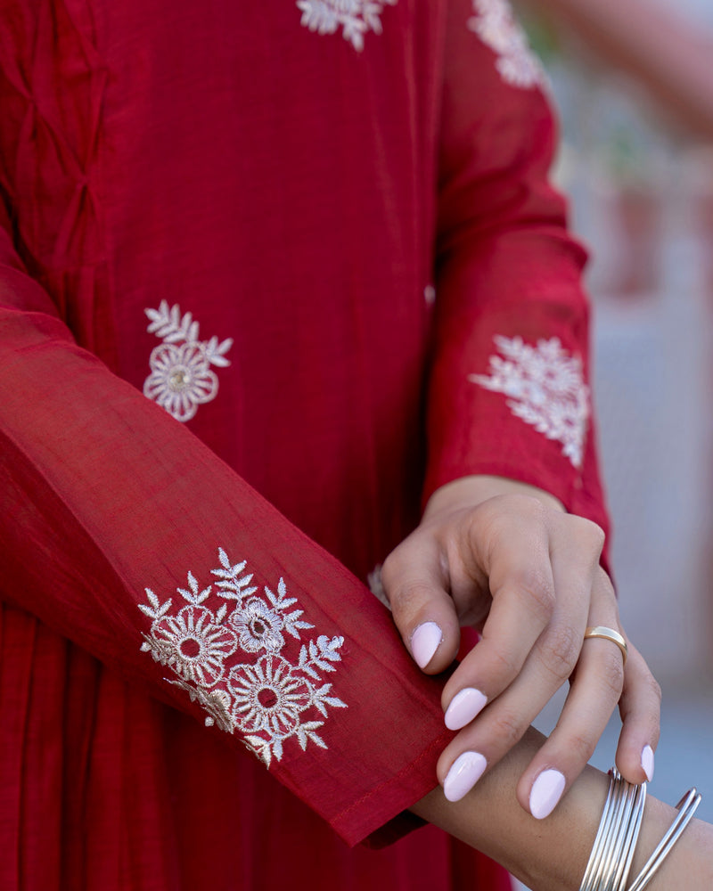 Ruby Reverie Ruby Red 3 PC Mul Chanderi Threadwork Designer A Line Suit Set For ...