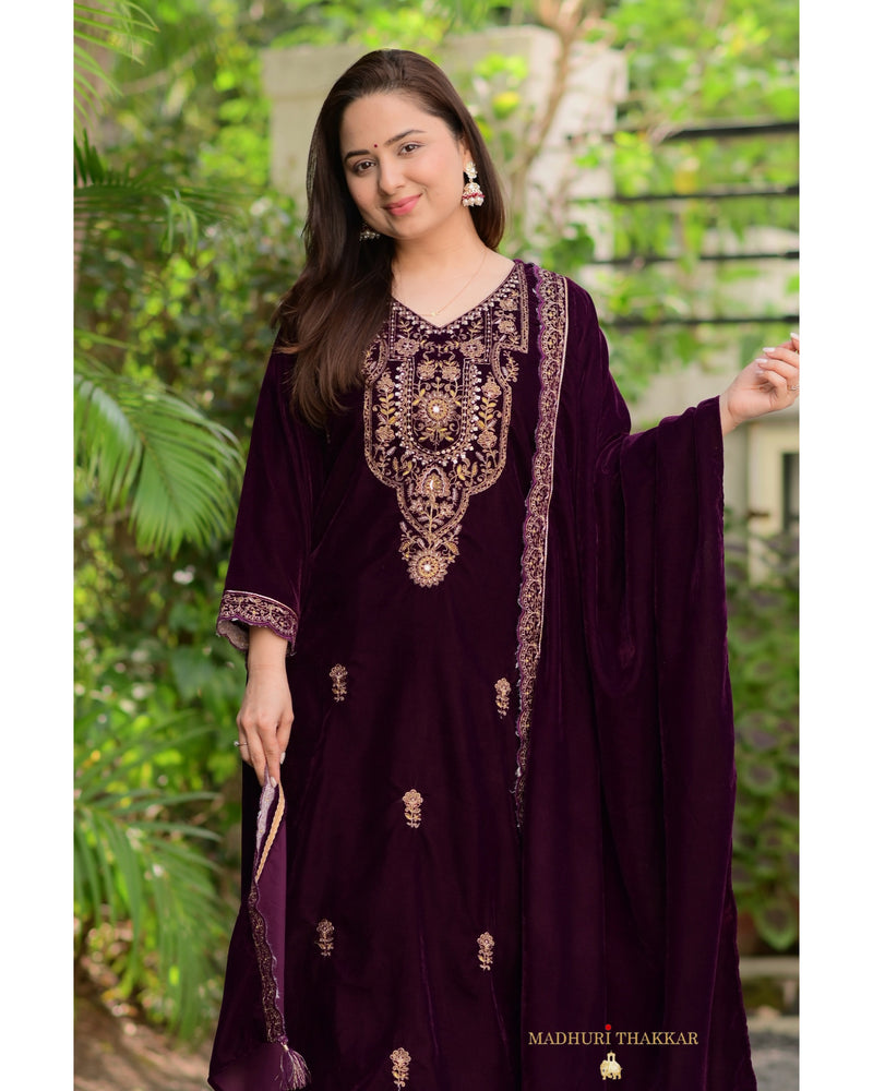 Magenta Handwork Premium Velvet Suit