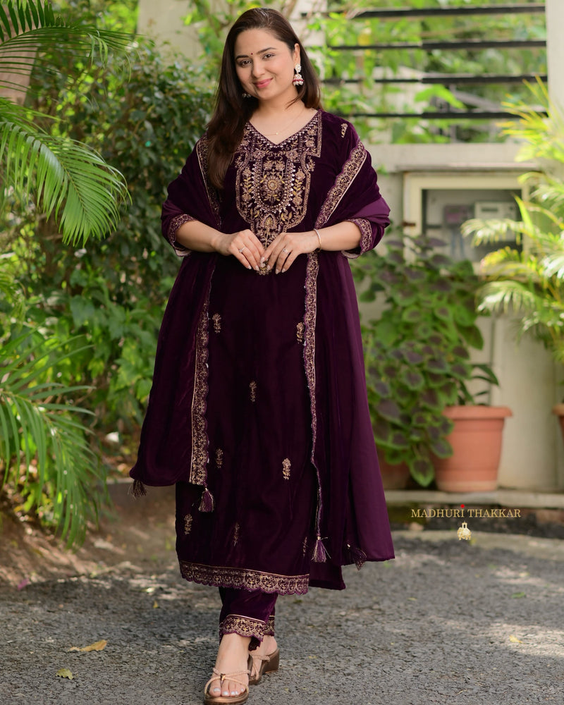 Magenta Handwork Premium Velvet Suit