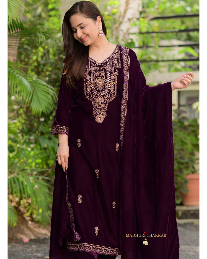 Magenta Handwork Premium Velvet Suit