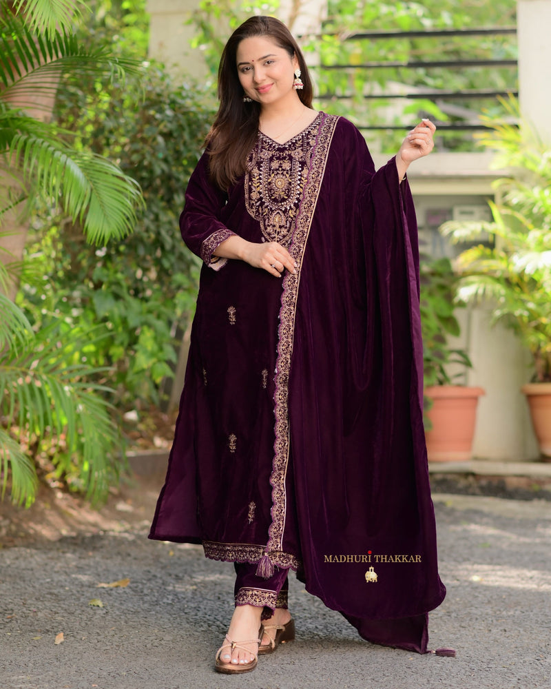 Magenta Handwork Premium Velvet Suit