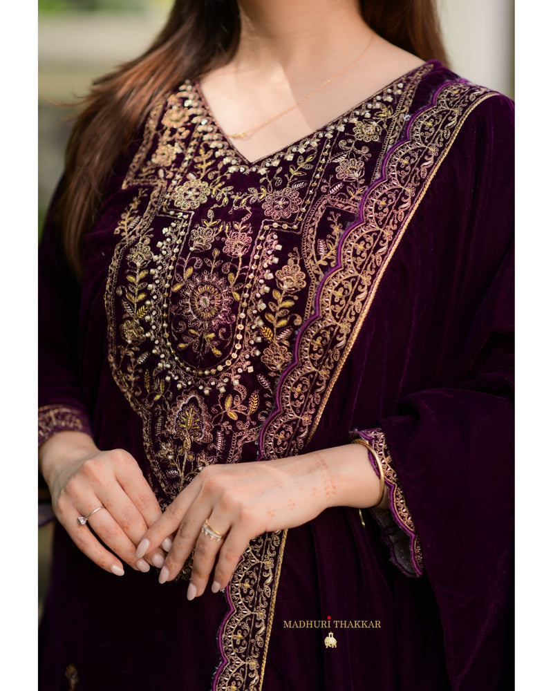 Magenta Handwork Premium Velvet Suit