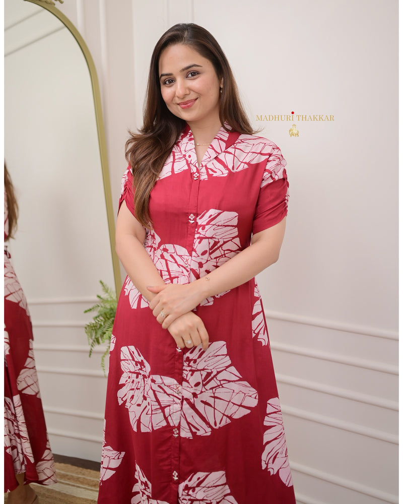 Maroon Red Leaf Russian Cotton Dress