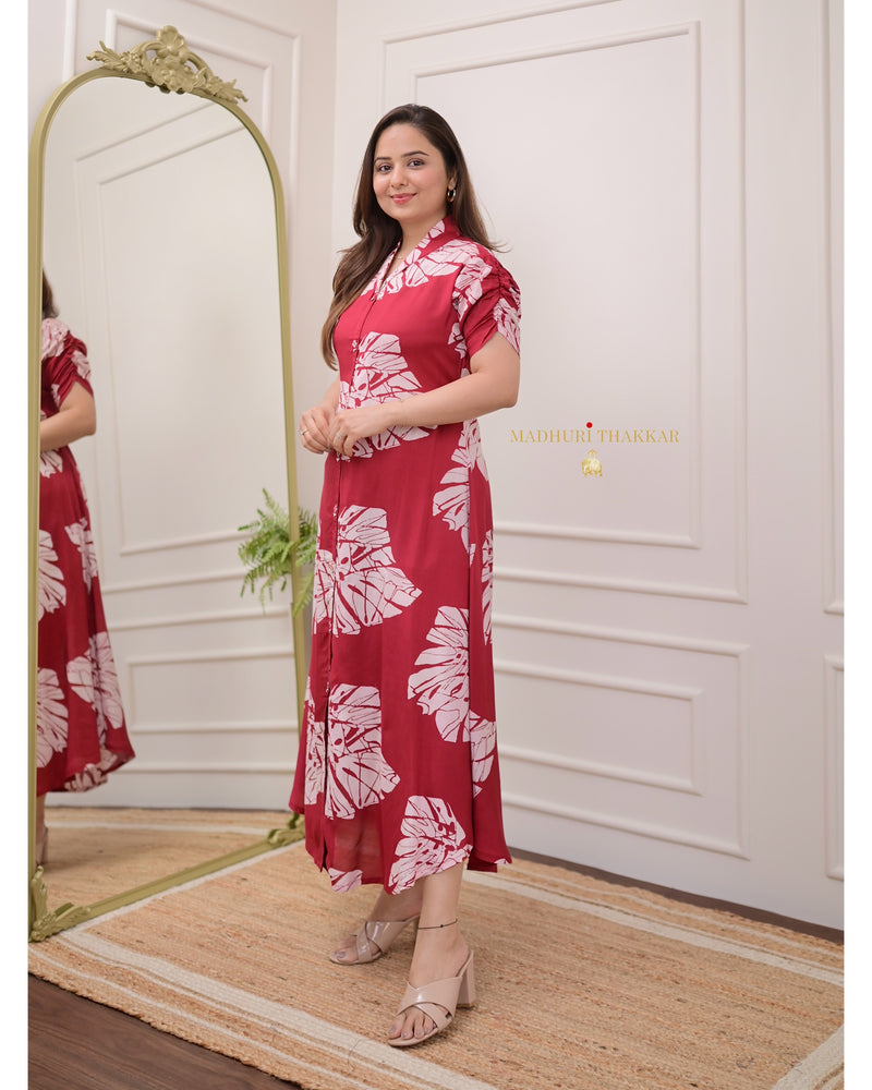 Maroon Red Leaf Russian Cotton Dress