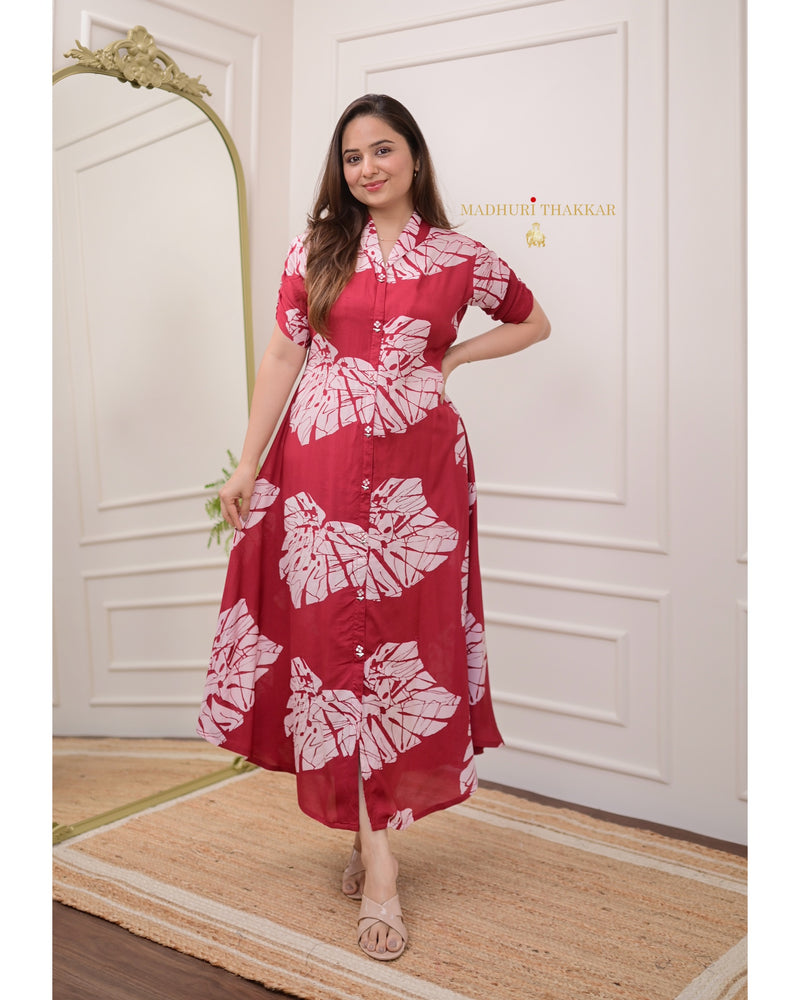 Maroon Red Leaf Russian Cotton Dress