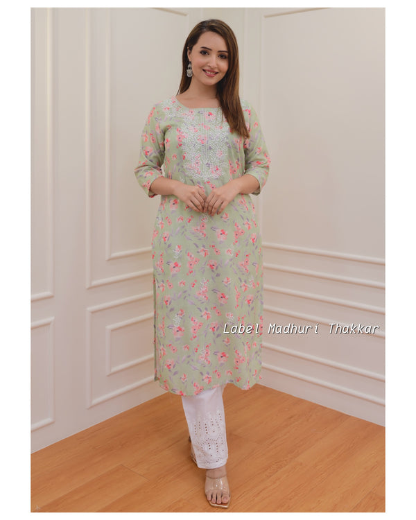 Green Floral Chikankari Kurta Set