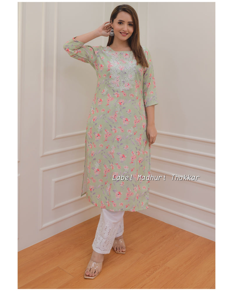 Green Floral Chikankari Kurta Set