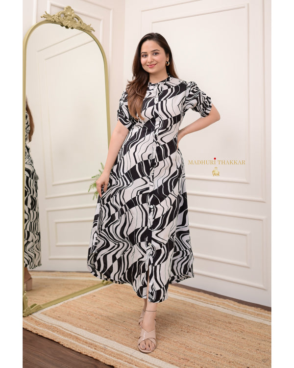 Black Abstract Cotton A Line Dress