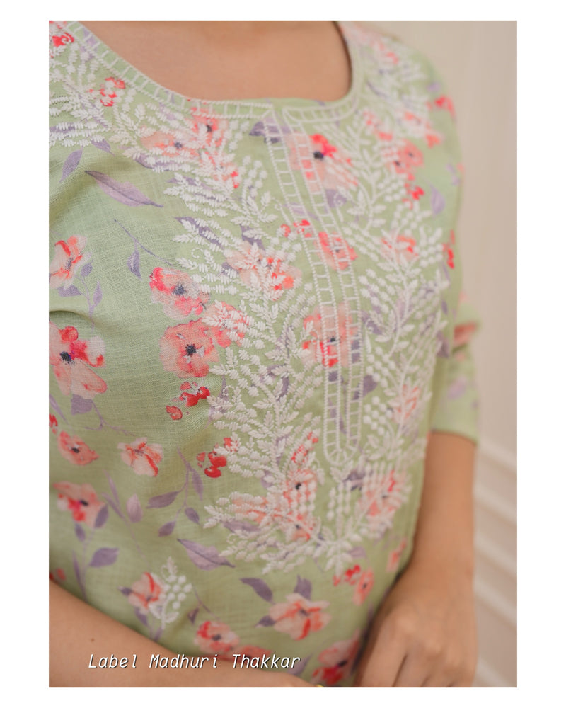 Green Floral Chikankari Kurta Set