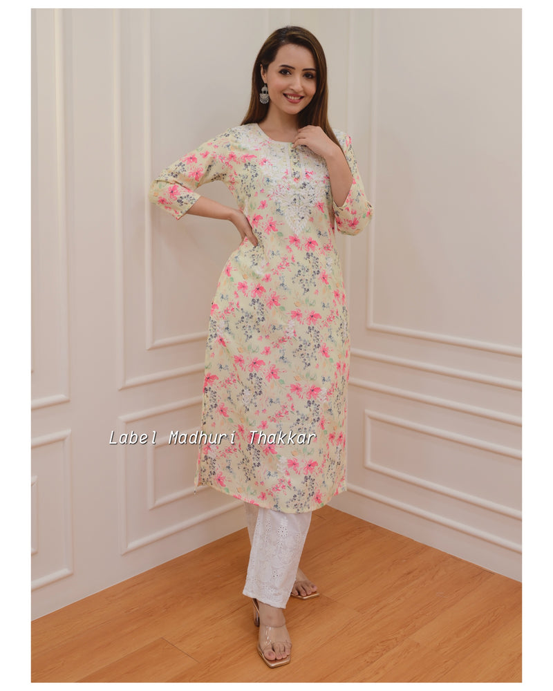Yellow Floral Chikankari Kurta Set