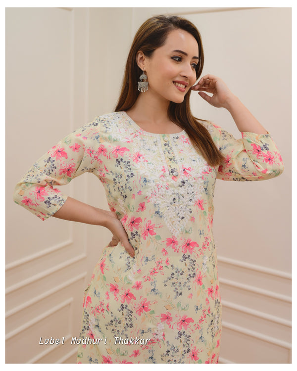 Yellow Floral Chikankari Kurta Set