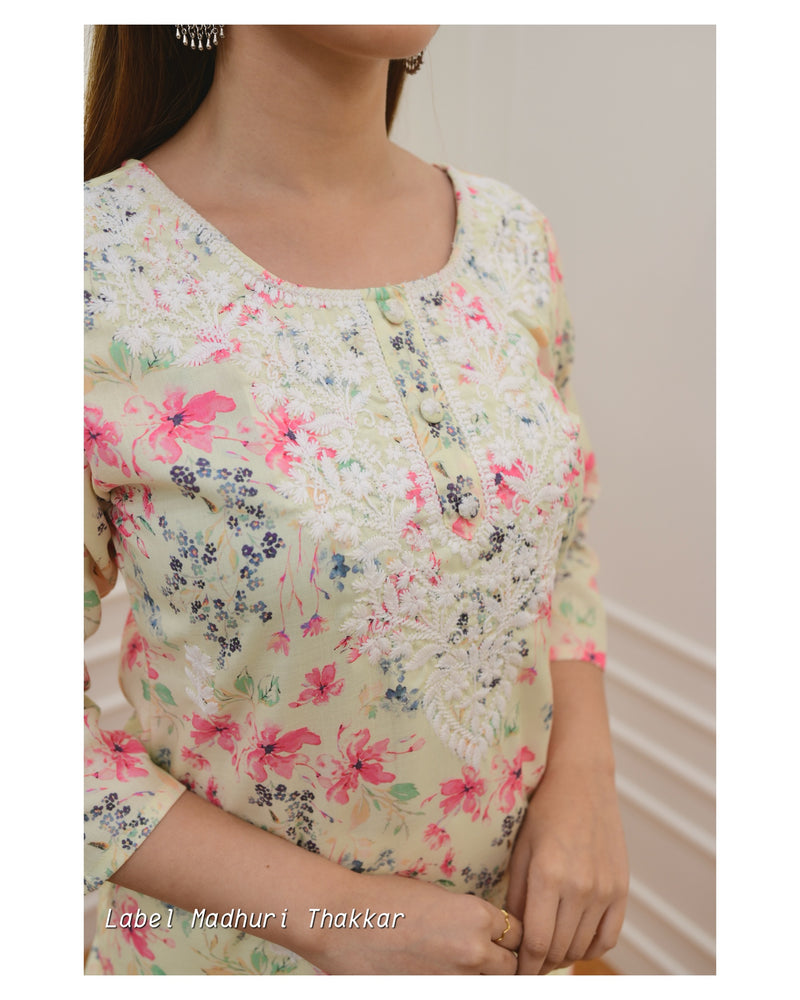 Yellow Floral Chikankari Kurta Set