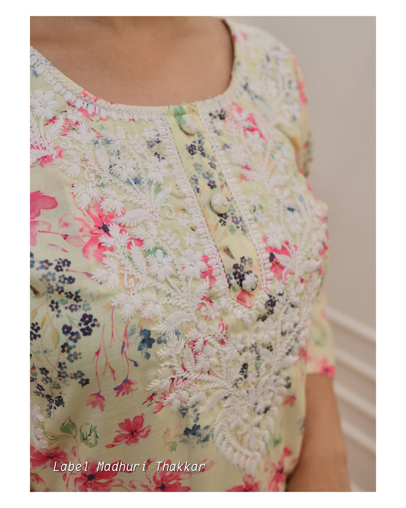 Yellow Floral Chikankari Kurta Set