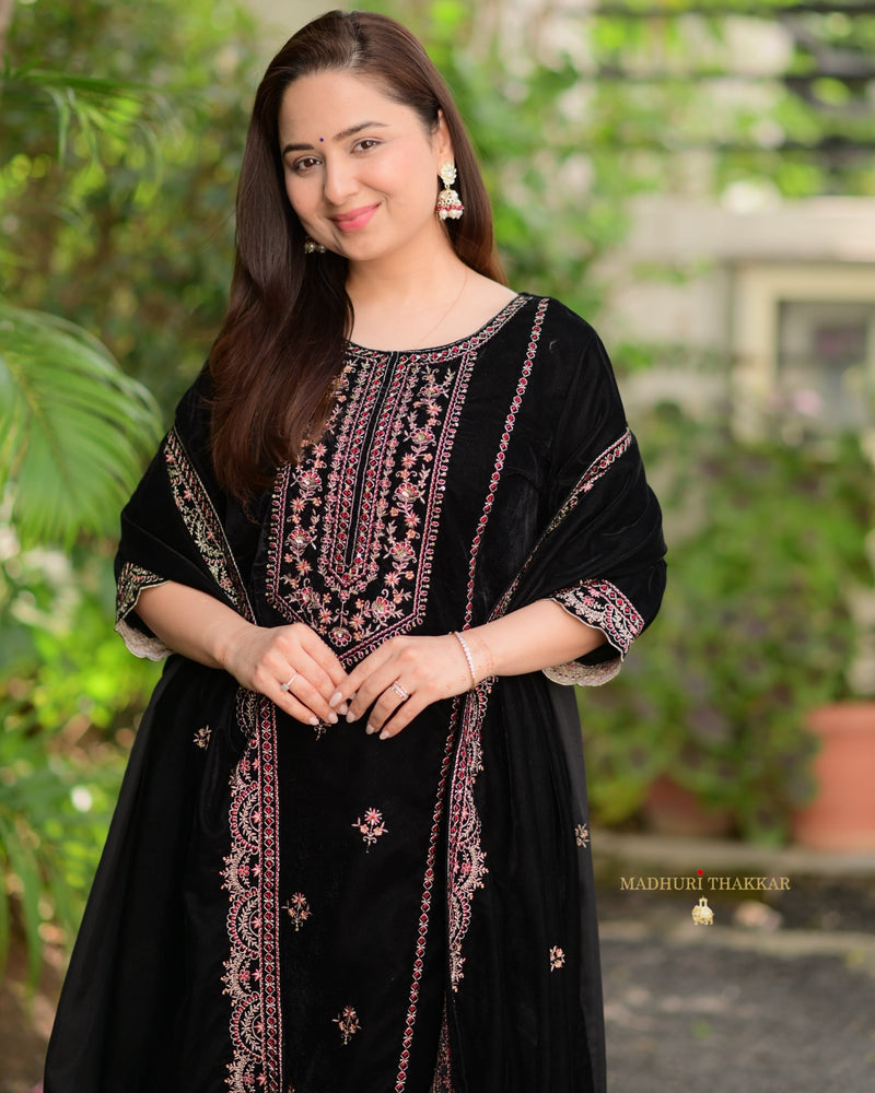 Black Maroon Handwork Premium Velvet Suit