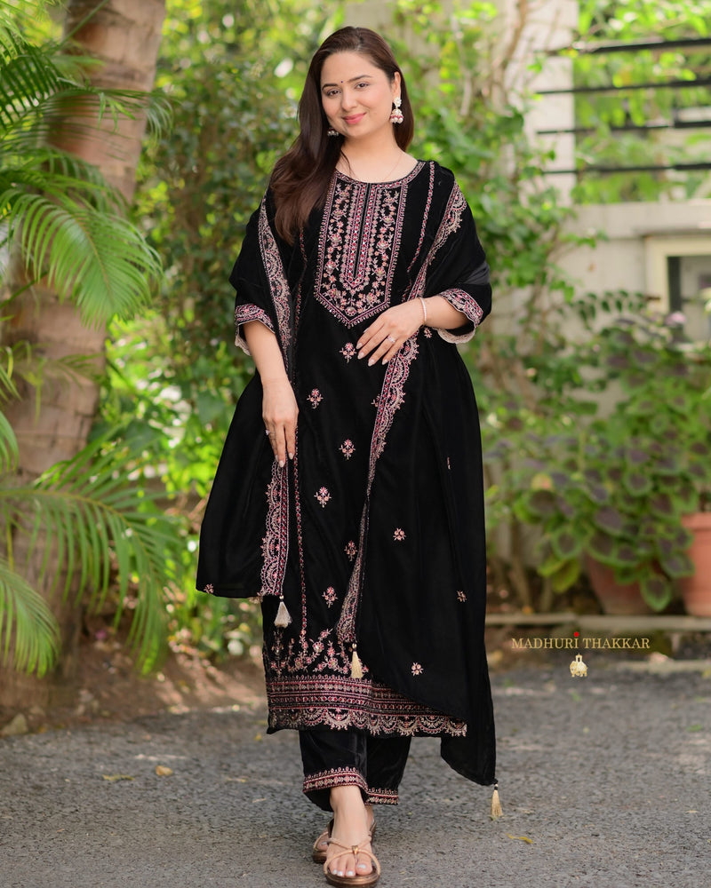 Black Maroon Handwork Premium Velvet Suit