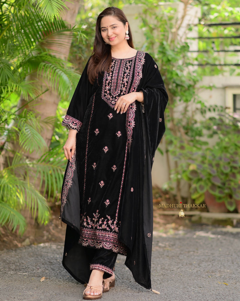 Black Maroon Handwork Premium Velvet Suit