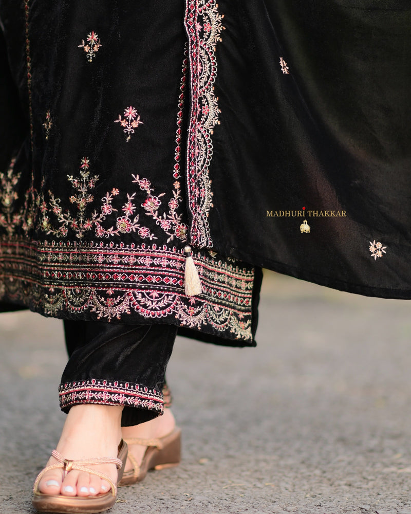 Black Maroon Handwork Premium Velvet Suit